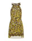 Hemp halter mini dress: ALÉMAIS Mona Mini Dress featuring a fitted silhouette and vibrant yellow floral print.. LUXAMORE