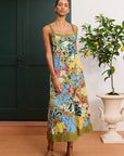 Floral cotton poplin midi dress: ALÉMAIS Solstice Midi Dress in green featuring abstract primary color blooms.. LUXAMORE