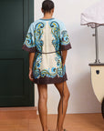 Linen mini tunic dress: ALÉMAIS Natalia Mini Dress in cream European linen with a blue and brown pattern.. LUXAMORE