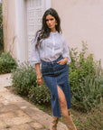 Agata Embroidered Boho Shirt worn by model in natural setting LUXAMORE