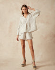 Alemais Sustainable Florence-Shirt close up worn by model LUXAMORE
