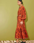 ALÉMAIS Monkey Dance Silk Shirtdress fluid luxury printed silk midi shirt dress styling. LUXAMORE