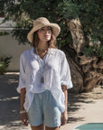 Alemais Sustainable Florence-Shirt close up worn by model LUXAMORE