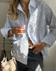 Alemais Sustainable Florence-Shirt close up worn by model LUXAMORE