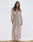 Estilo Emporio El Manto Stripe Dress + Duster worn by model in natural setting LUXAMORE