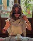 Estilo Emporio Grand Scarf - Pescatore Natural Chocolate worn by model in natural setting LUXAMORE