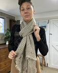 Estilo Emporio Grand Scarf - Pescatore Natural Chocolate worn by model in natural setting LUXAMORE