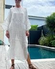 Estilo Emporio Nebbilio Linen Dress - Binario worn by model in natural setting LUXAMORE