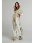 Estilo Emporio Tie Kimono - Scorpione Natural worn by model in natural setting LUXAMORE