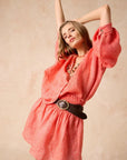 Woman Wearing Estilo Emporio Zimi Shirt - Battista Poppy Red - Top LUXAMORE