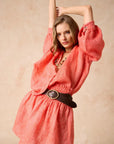 Estilo Emporio Zimi Shirt - Battista Poppy Red worn by model in natural setting LUXAMORE