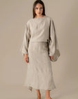 Woman Wearing La Bottega di Brunella Linen Dress VESTITO MOSE' - Battista linen dress LUXAMORE
