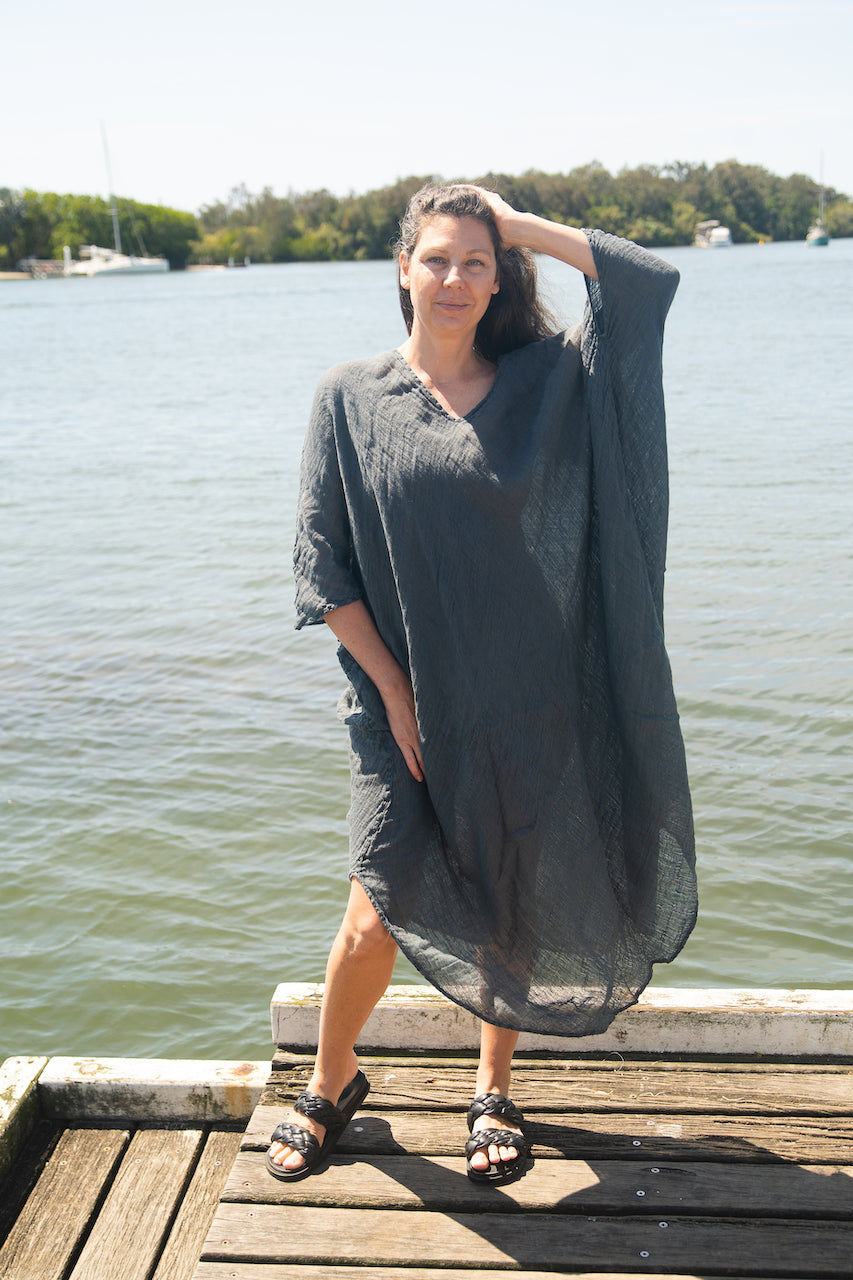 Woman wearing Linen Dress Handloom Maxi by La Bottega di Brunella Made in Italy Blue - My Linen Dress