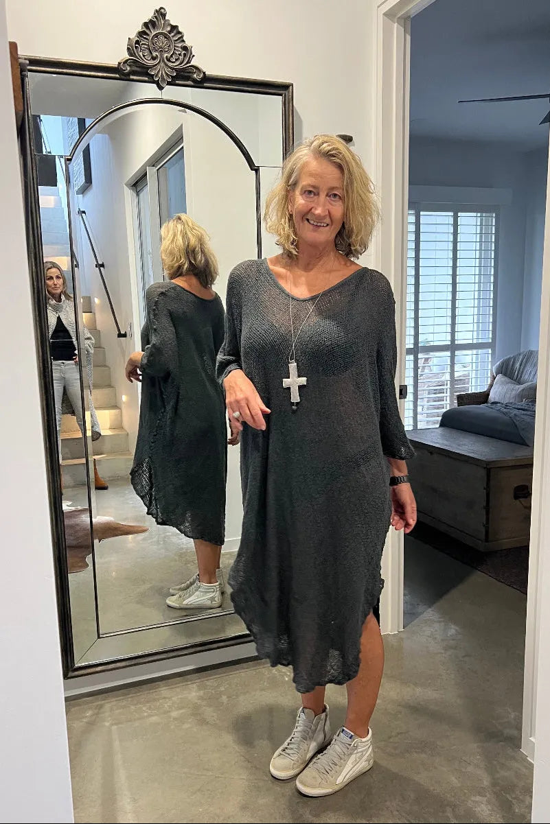 Linen Dress Handloom Midi by Italian La Bottega di Brunella Blue