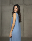 Linen Dress Made in Italy: Sleeveless Boat Neck Maxi Blue LUXAMORE