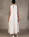 Linen Dress Maxi High Collar Made in Italy - Beige - One size worn by model in natural setting LUXAMORE