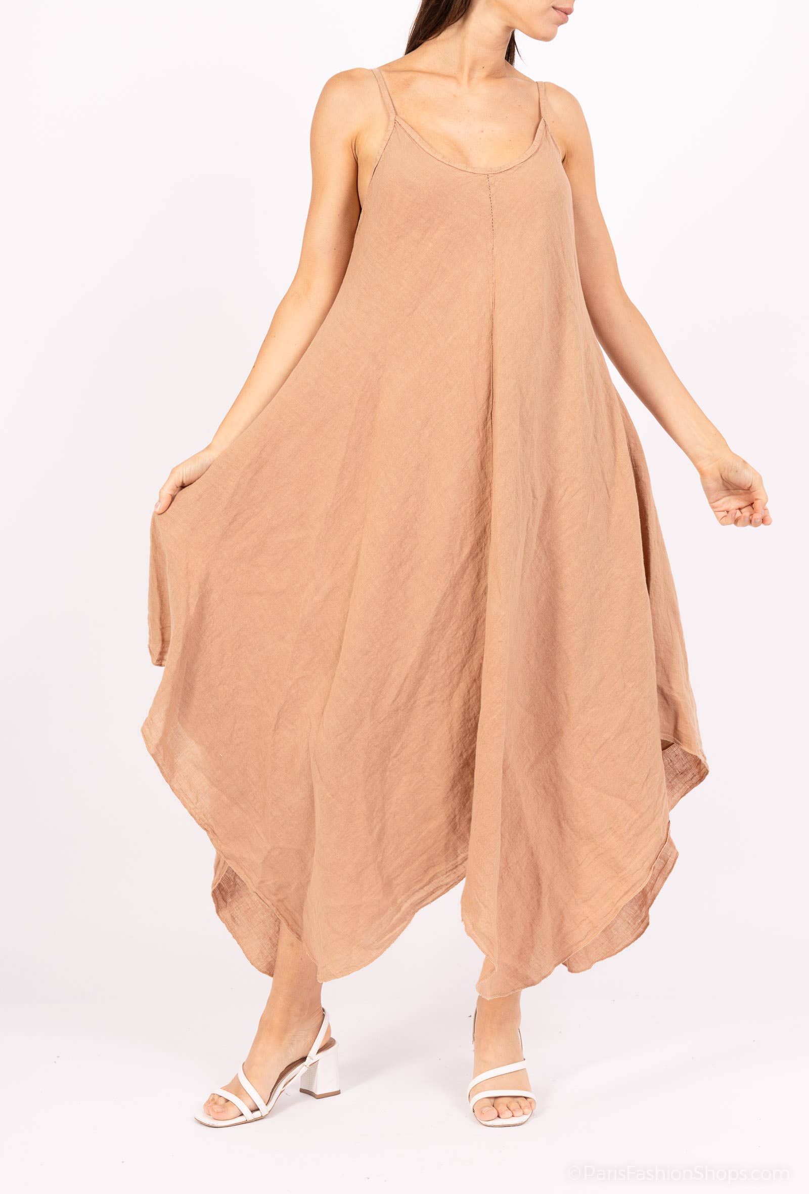 Linen Dress Maxi Made in Italy - Camel - One size