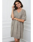 woman wearing Linen Dress Mini Babydoll Made in Italy - Taupe LUXAMORE