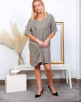 woman wearing Linen Dress Mini Babydoll Made in Italy - Taupe LUXAMORE