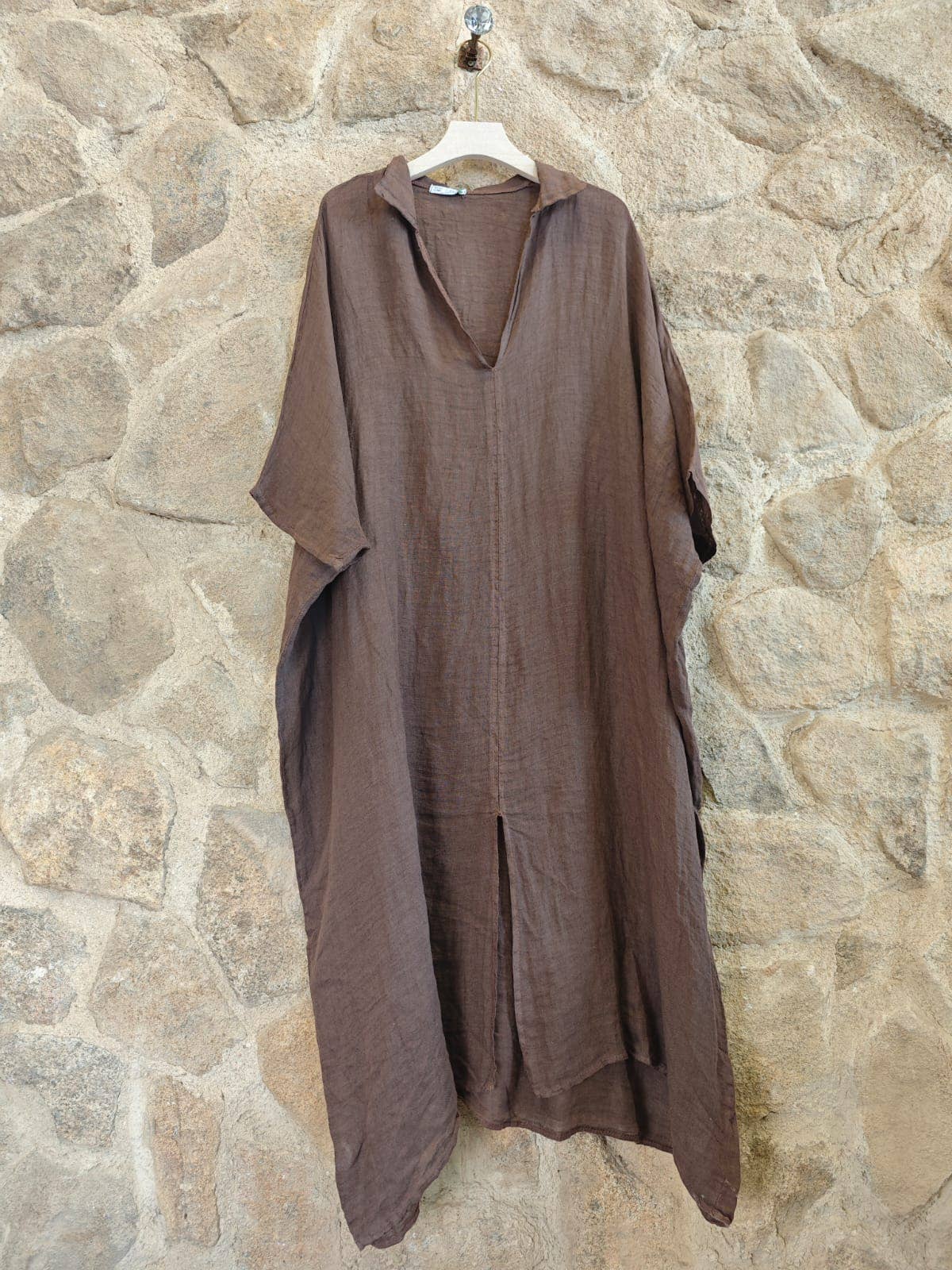 Linen Dress Oversize Maxi Kaftan Made in Italy Chocolate