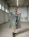 Linen Dress Oversize Maxi Kaftan Made in Italy Olive worn by model in natural setting LUXAMORE