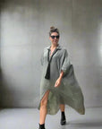Woman Wearing Linen Dress Oversize Maxi Kaftan Made in Italy Chocolate - Dress LUXAMORE