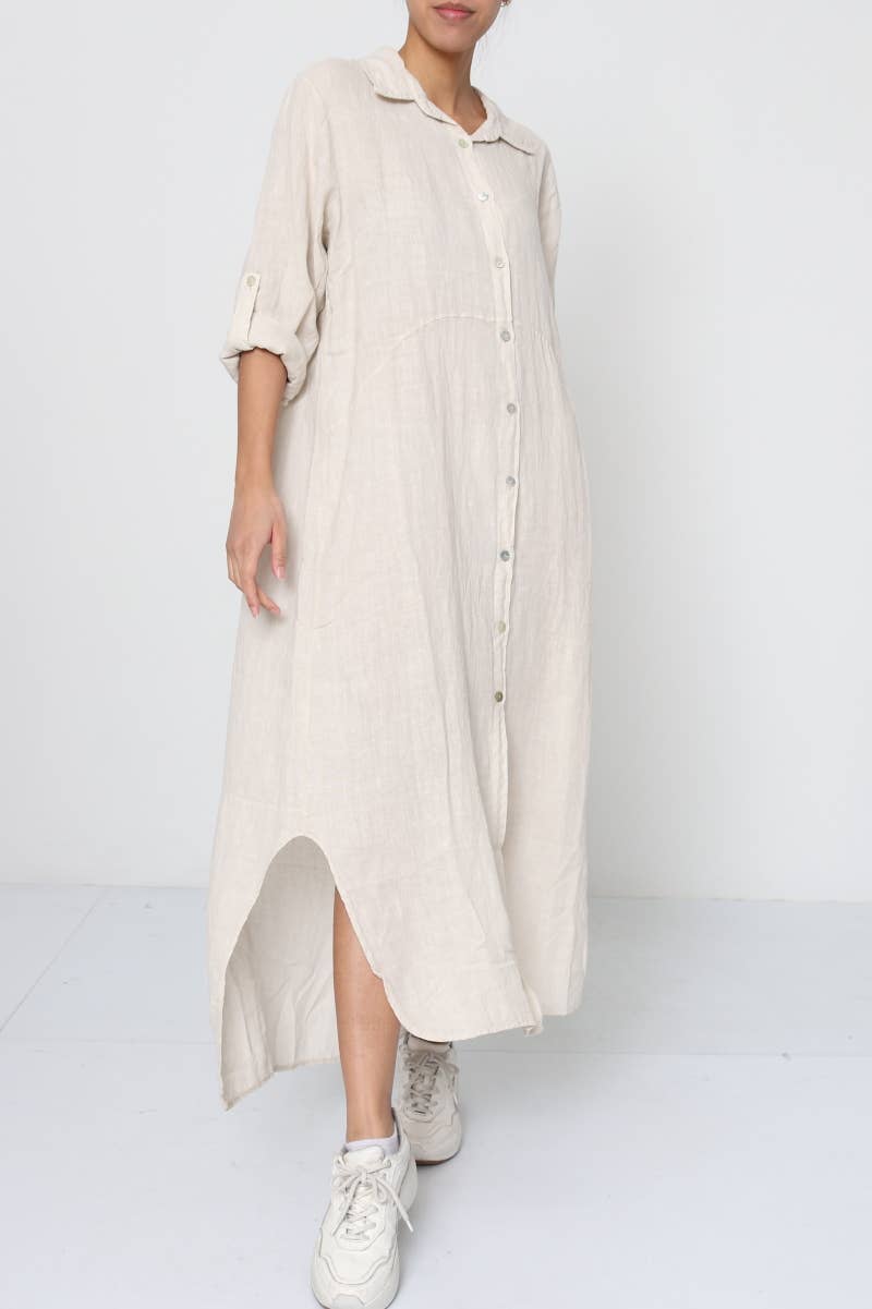 Linen Dress Shirtdress, Button-Up, Midi Length Made in Italy Beige