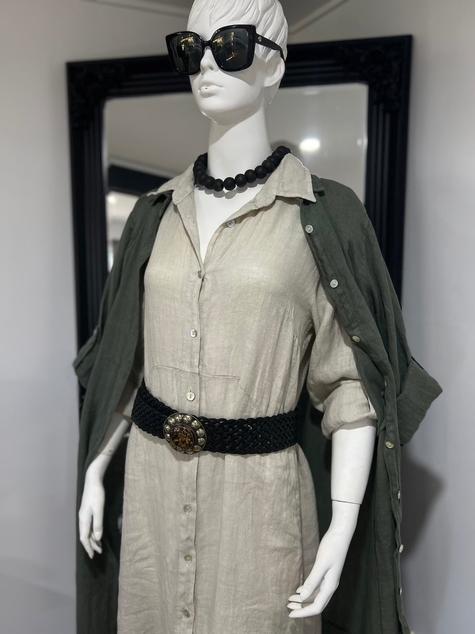 Linen Dress Shirtdress, Button-Up, Maxi Length Made in Italy Beige