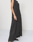 Linen Dress Sleeveless Raw Edge, Maxi Made in Italy Black worn by model in natural setting LUXAMORE