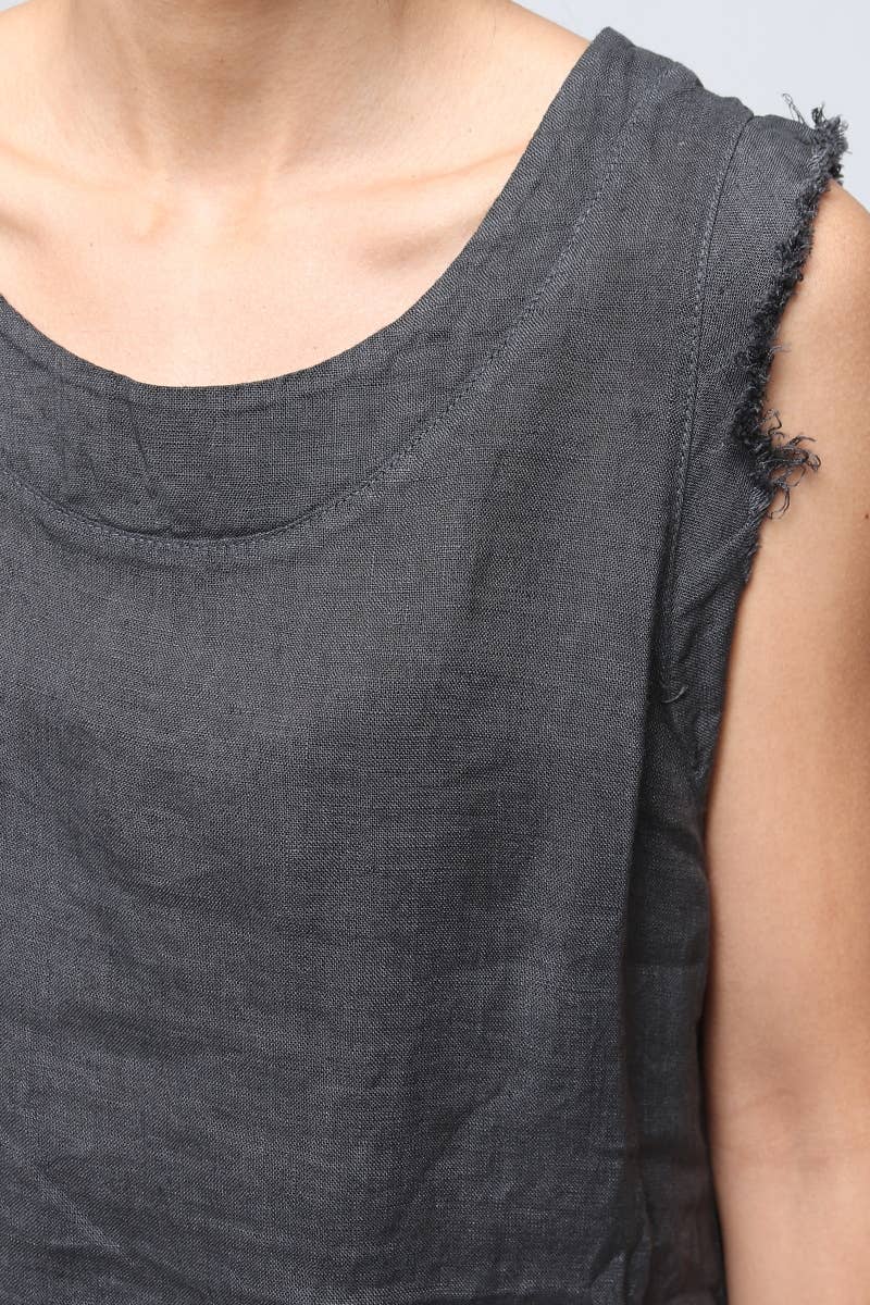 Linen Dress Sleeveless Shirred edge, Maxi Made in Italy Black