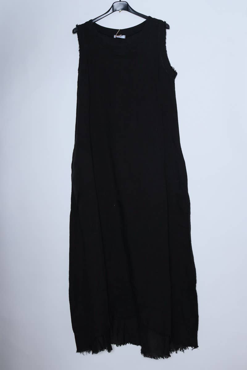 Linen Dress Sleeveless Shirred edge, Maxi Made in Italy Black