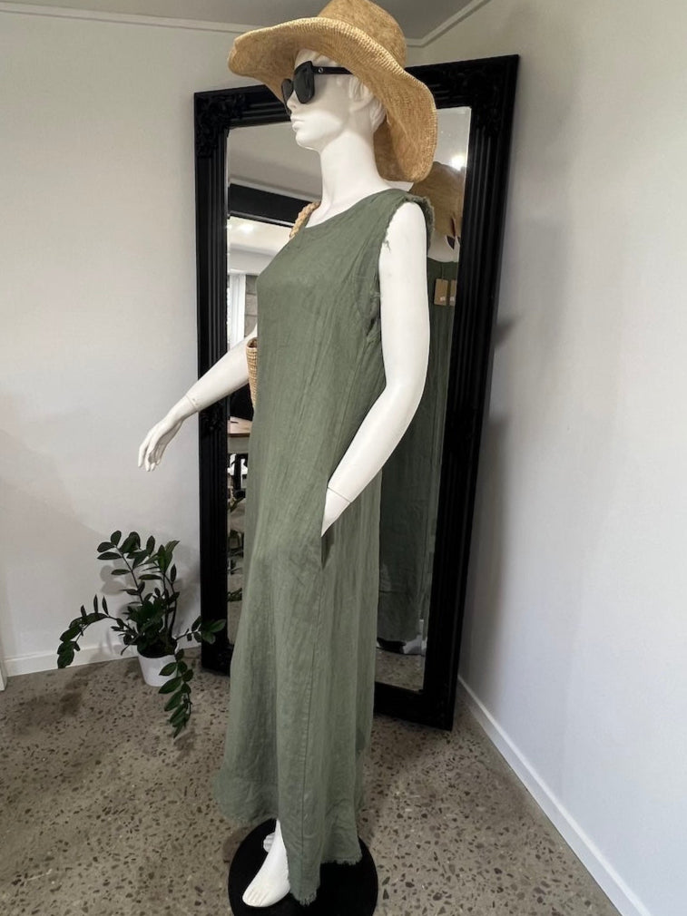 Linen Dress Sleeveless Raw Edge, Maxi Made in Italy Khaki