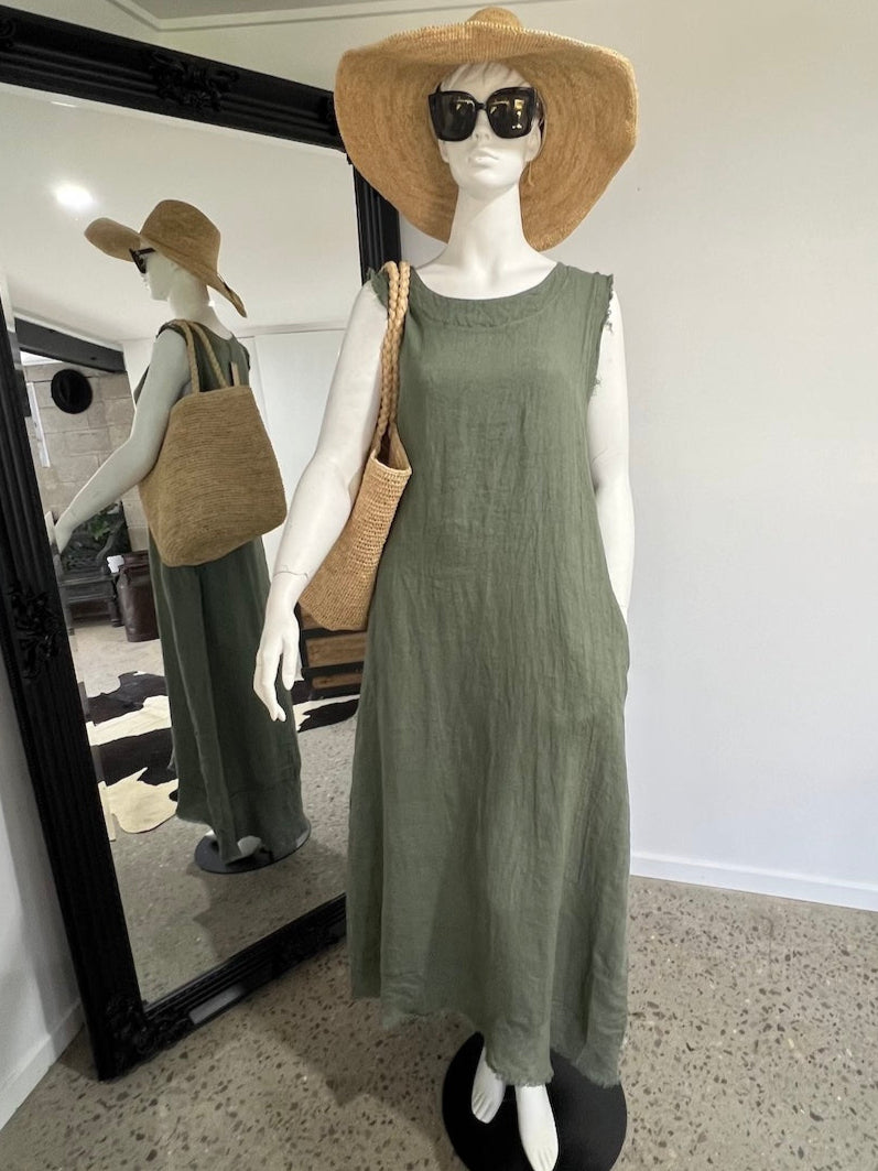 Linen Dress Sleeveless Raw Edge, Maxi Made in Italy Khaki