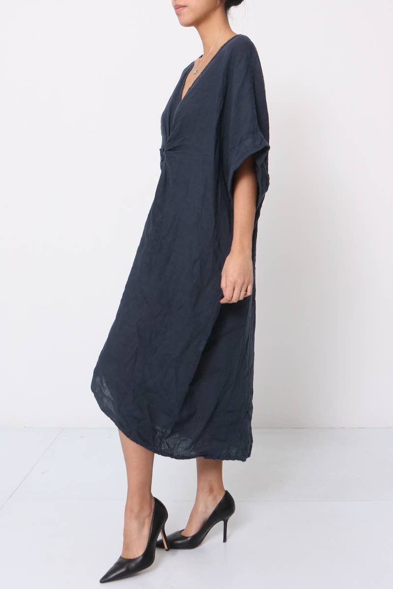 Linen Dress V-neck Knot Front Midi Made in Italy Navy