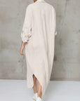 Linen Shirtdress, Button-Up, Maxi Made in Italy Beige worn by model in natural setting LUXAMORE