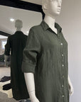 Pre Order Linen Shirtdress, Button-Up, Maxi Made in Italy Khaki worn by model in natural setting LUXAMORE