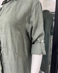 Pre Order Linen Shirtdress, Button-Up, Maxi Made in Italy Khaki worn by model in natural setting LUXAMORE