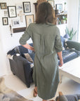 Pre Order Linen Shirtdress, Button-Up, Maxi Made in Italy Khaki worn by model in natural setting LUXAMORE