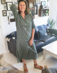 Linen Shirtdress, Button-Up, Maxi Made in Italy Khaki worn by model in natural setting LUXAMORE