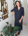 Linen Shirtdress, Button-Up, Maxi Made in Italy Navy worn by model in natural setting LUXAMORE