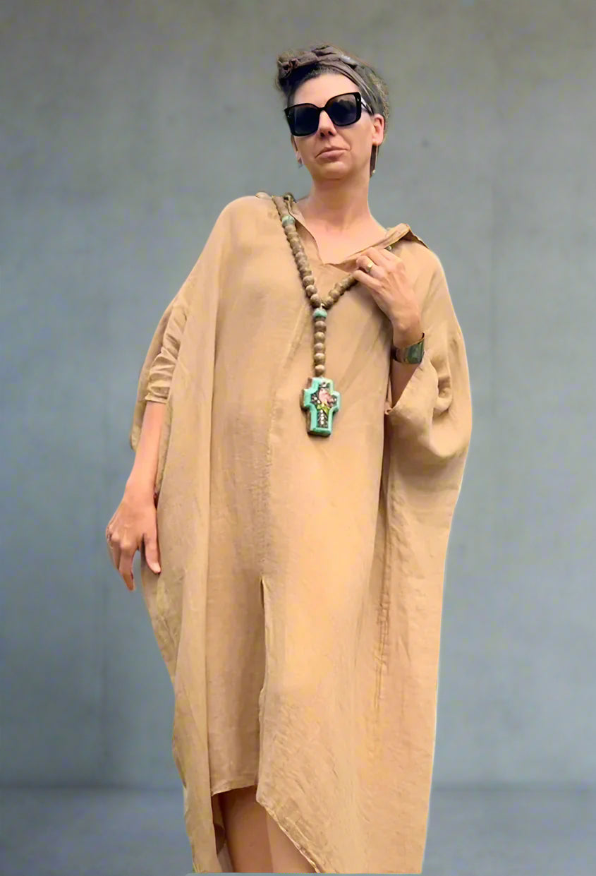Made in Italy Dress Linen Kaftan - Caramel