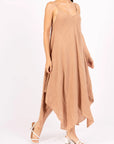 Linen Dress Maxi Made in Italy - Camel - One size worn by model in natural setting LUXAMORE