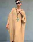 Linen Dress Oversize Maxi Kaftan Made in Italy Caramel LUXAMORE