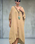 Linen Dress Oversize Maxi Kaftan Made in Italy Caramel LUXAMORE