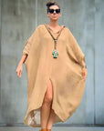 Linen Dress Oversize Maxi Kaftan Made in Italy Caramel LUXAMORE