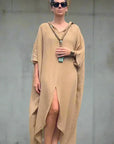Linen Dress Oversize Maxi Kaftan Made in Italy Caramel LUXAMORE
