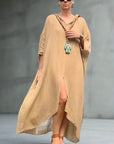 Linen Dress Oversize Maxi Kaftan Made in Italy Caramel LUXAMORE