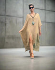 Linen Dress Oversize Maxi Kaftan Made in Italy Caramel LUXAMORE