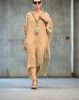Linen Dress Oversize Maxi Kaftan Made in Italy Caramel LUXAMORE