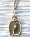 Pre Order Cardinal necklace Memorial jewelry bird lover gift: Gold / 18” worn by model in natural setting LUXAMORE